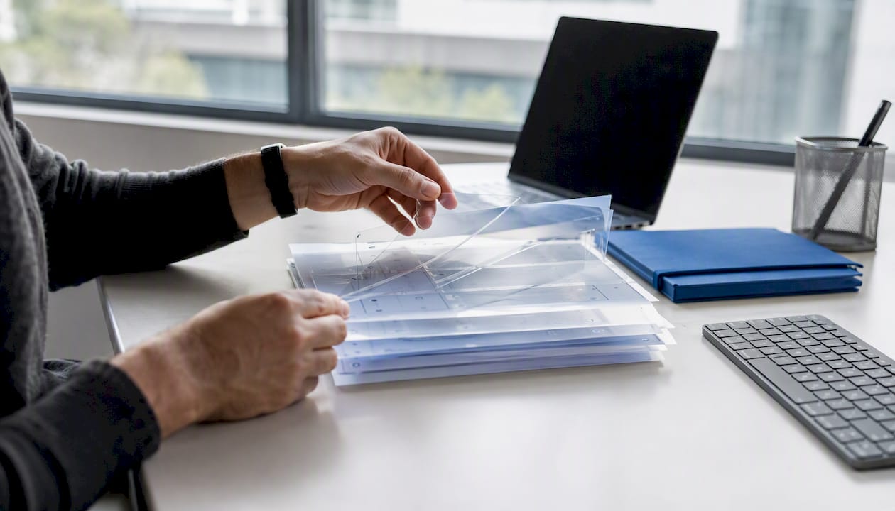 Hands holding layered audit evidence sheets