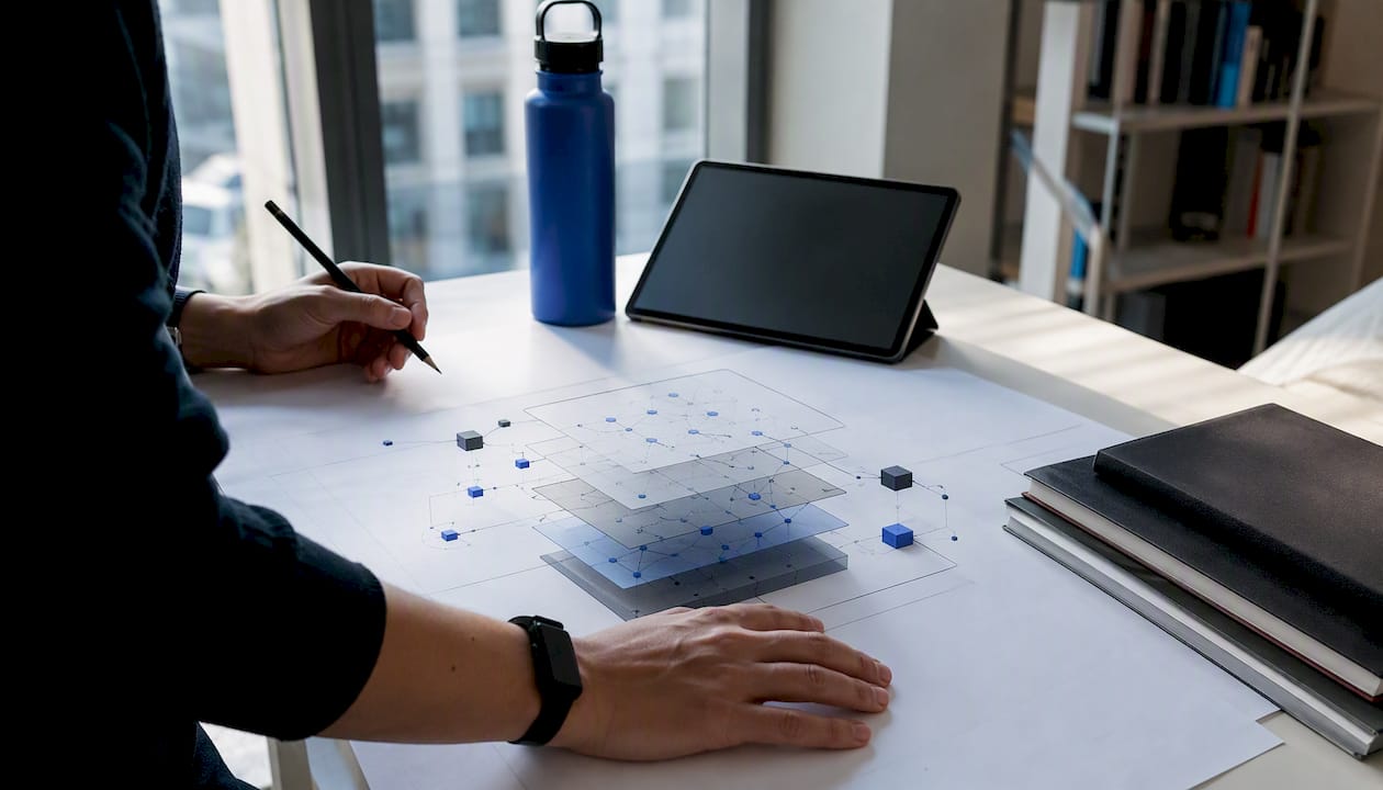 Hands inspecting AI model schematic