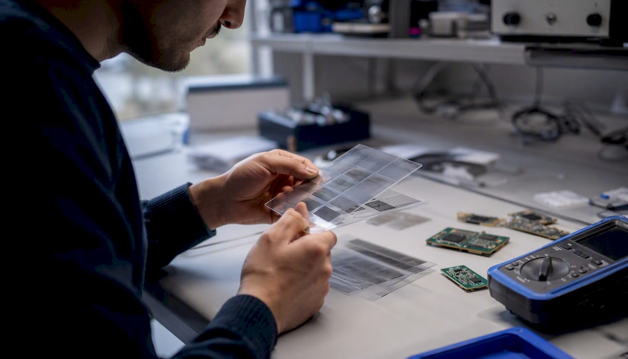 Hands examining AI artifact layers in lab