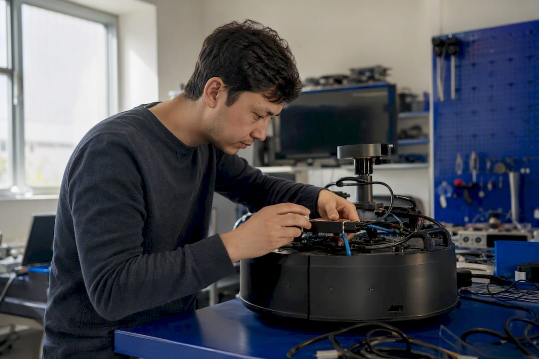 Technician adjusting AI calibration device