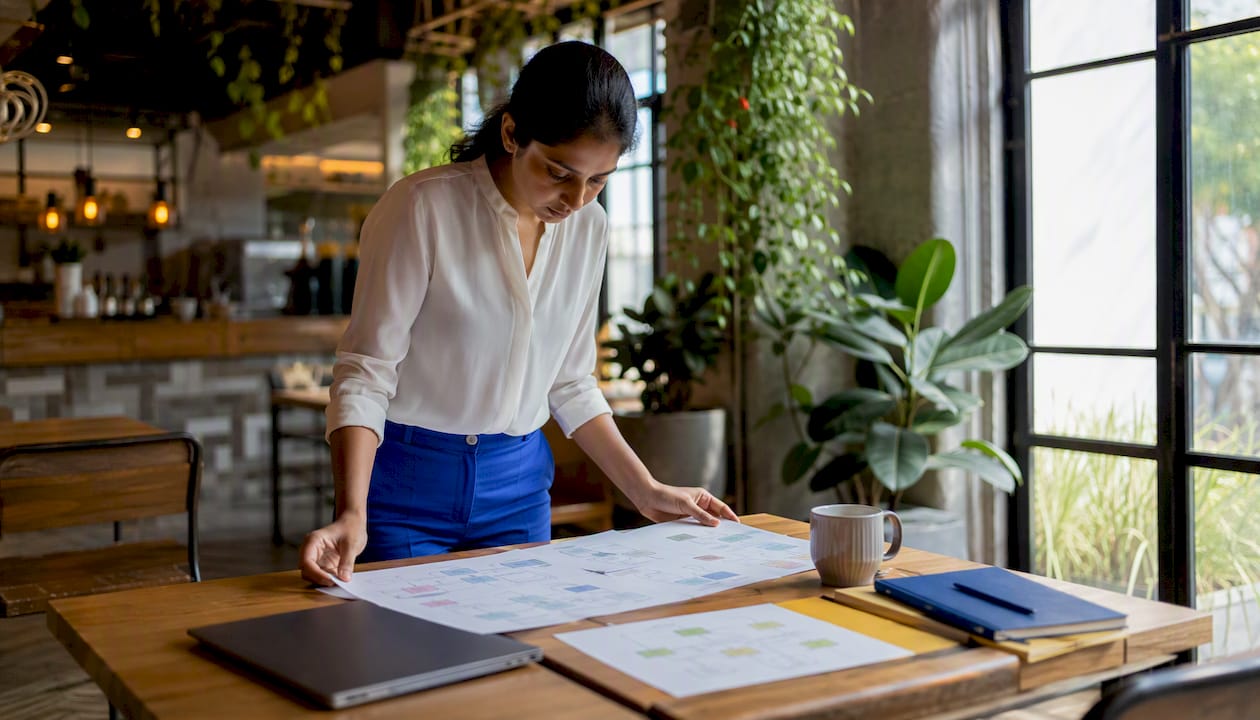 Data governance analyst reviewing documents and laptop