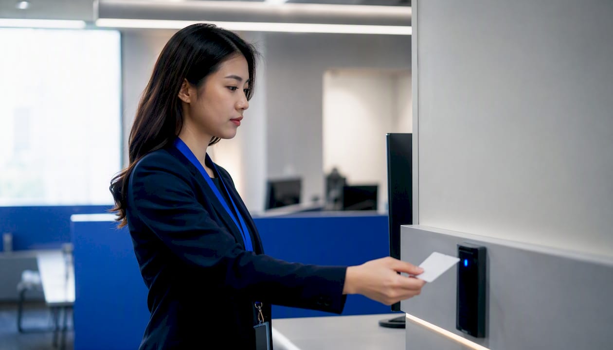 Woman scanning ID card for server room access