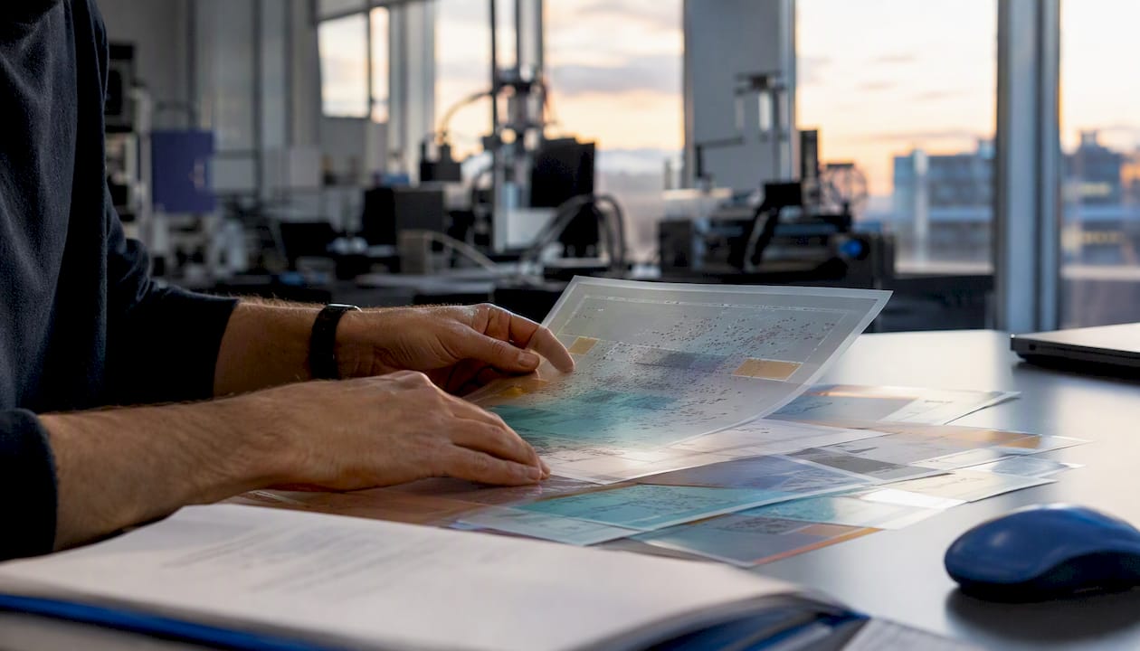Engineer hands arranging transparent prompt layers