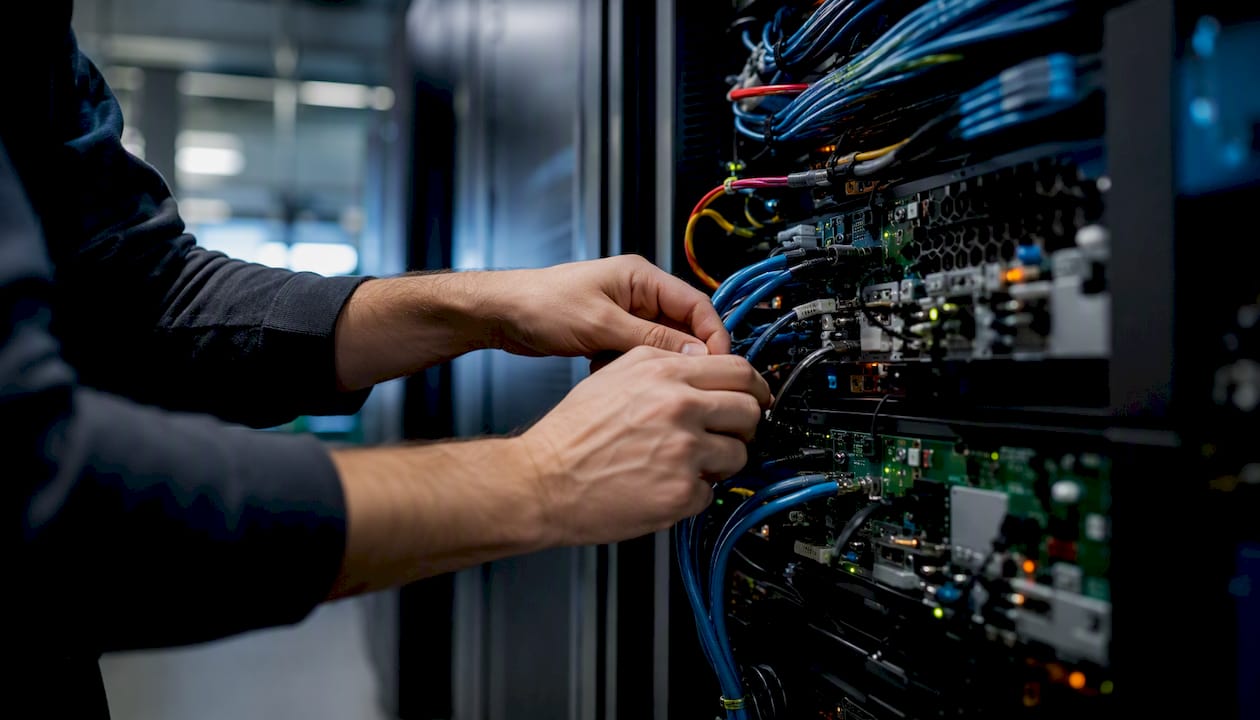 Engineer hands adjusting server hardware