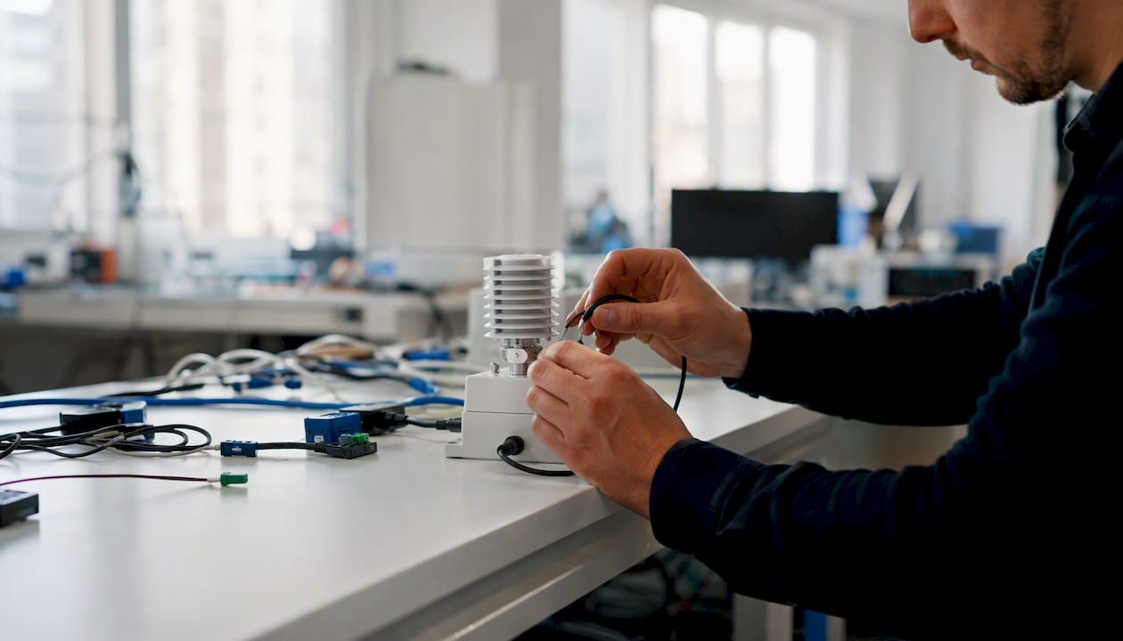 Hands adjusting sensor on server rack