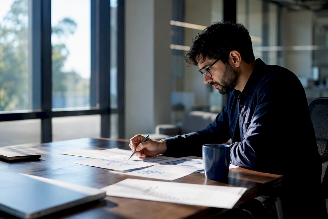 Hands pointing at statistical charts and data papers