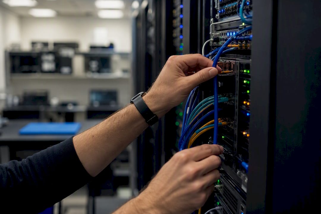 Hands adjusting data cables on network rack